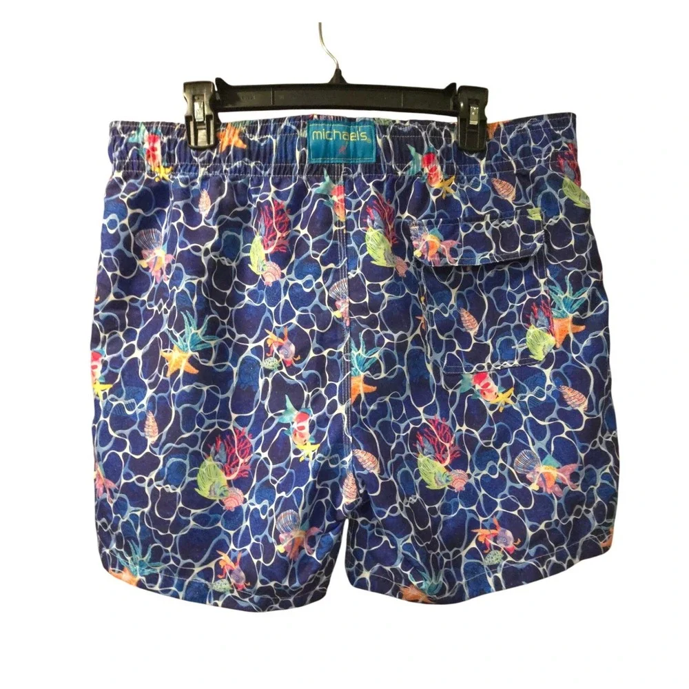 Michaels Mens XL Swim Trunks Blue Aquatic Fish Starfish Print Mesh Lined Shorts